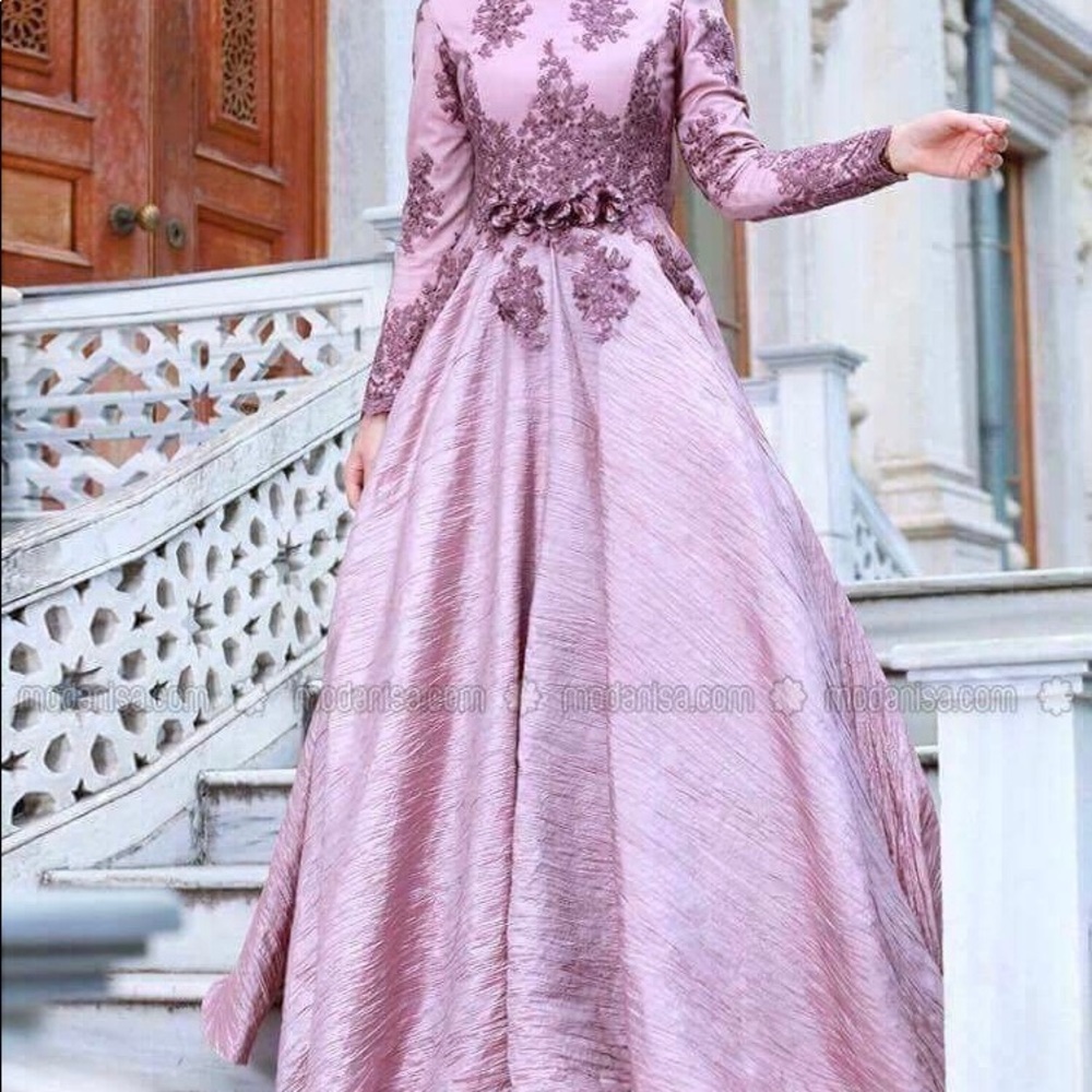 Long sleeve evening tafetta gown